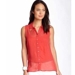 LINE & DOT NWT Red Sheer Hi-Low Sleeveless Button-Down Blouse NWT